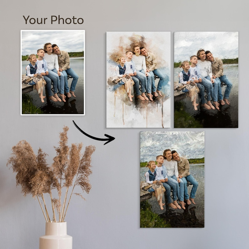 Mix Custom Family Watercolor-Oil-Acrylic Painting from Photo - Anniversary Gift for Parents Mom - Portrait Family Gifts - Stretched Canvas
