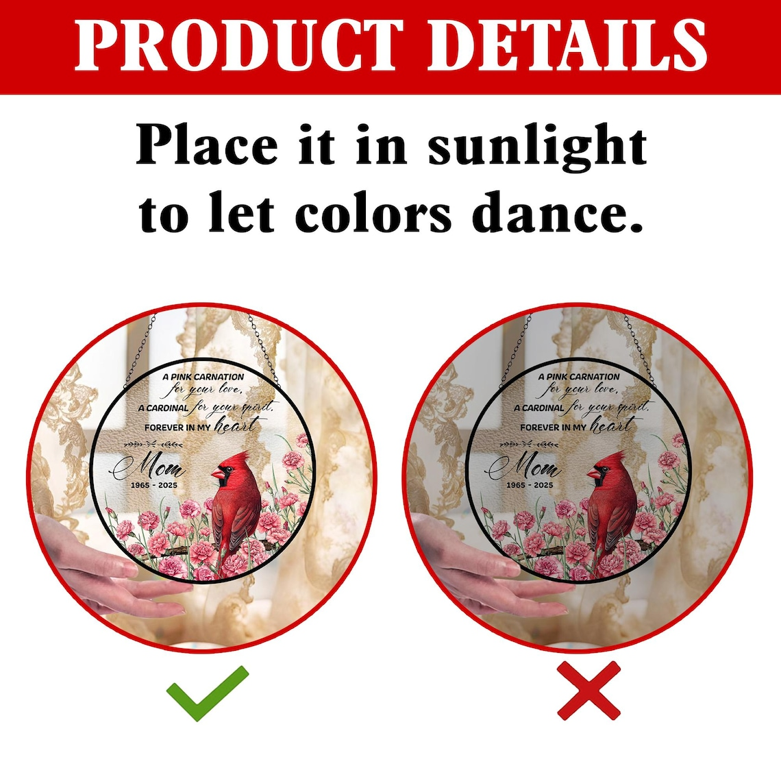 Cardinal and Carnation Suncatcher, Memorial Gift, Mother's Day