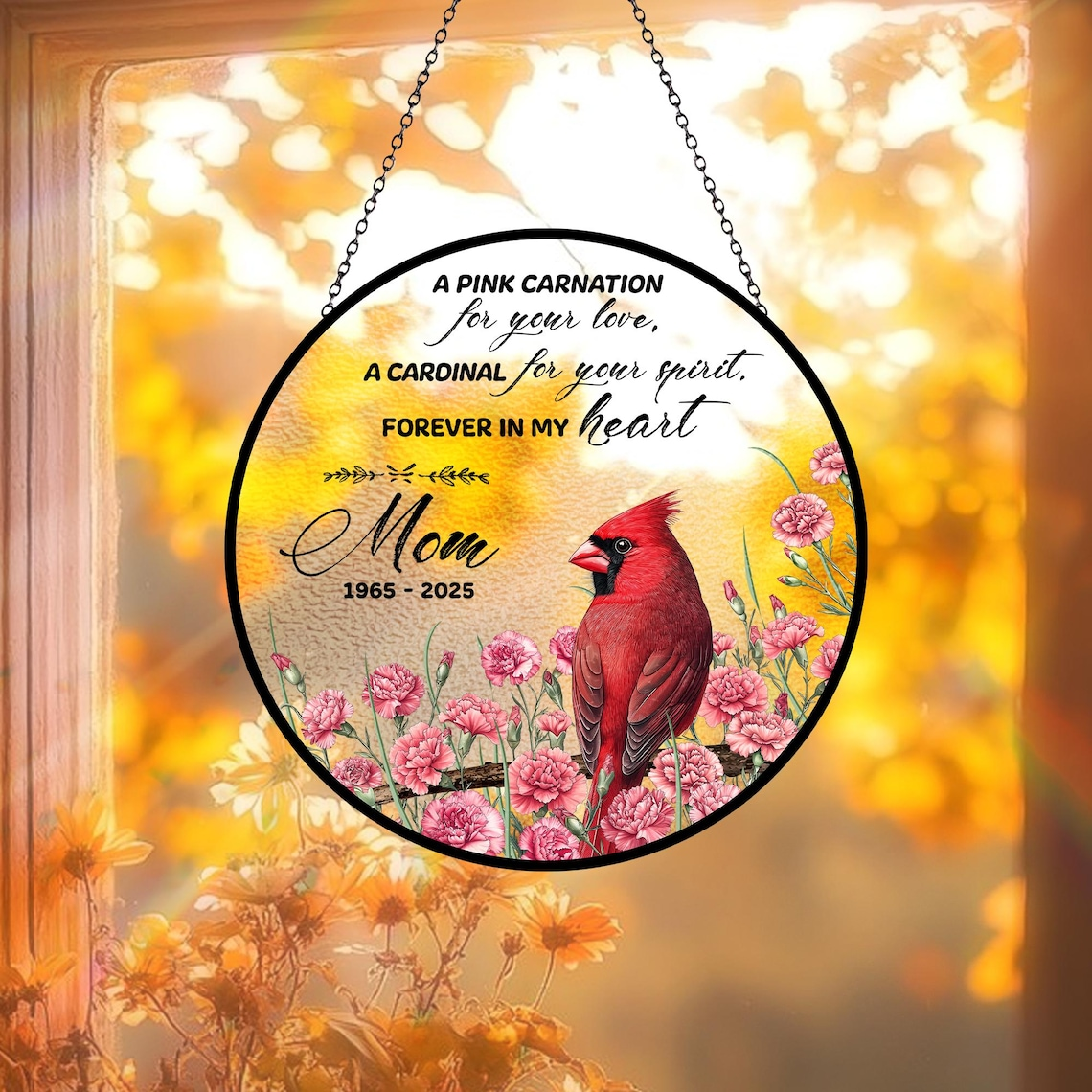 Cardinal and Carnation Suncatcher, Memorial Gift, Mother's Day