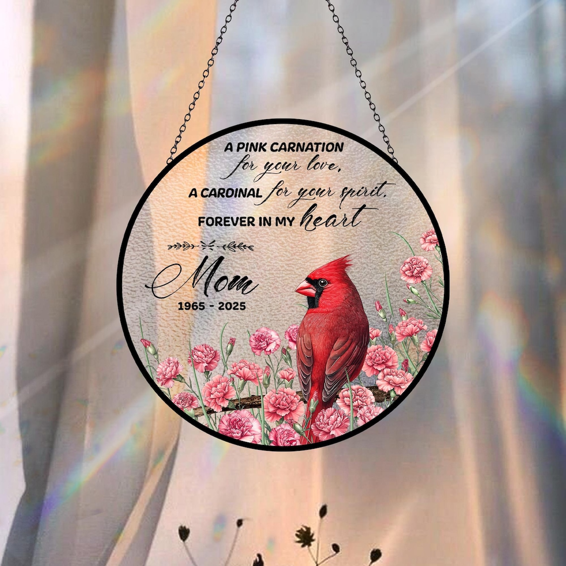 Cardinal and Carnation Suncatcher, Memorial Gift, Mother's Day