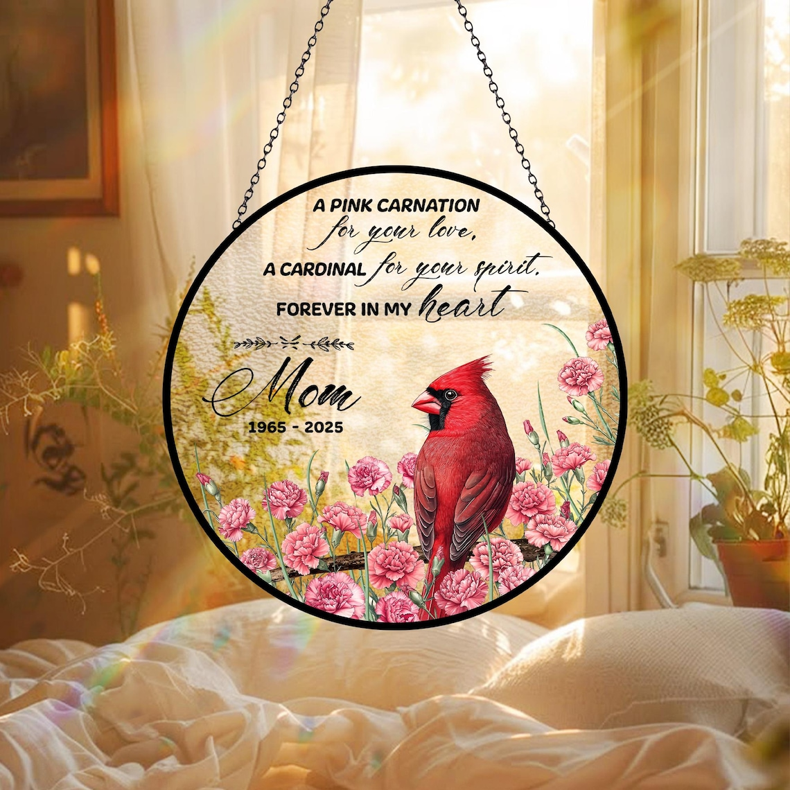 Cardinal and Carnation Suncatcher, Memorial Gift, Mother's Day