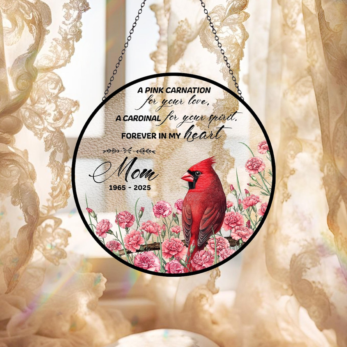 Cardinal and Carnation Suncatcher, Memorial Gift, Mother's Day