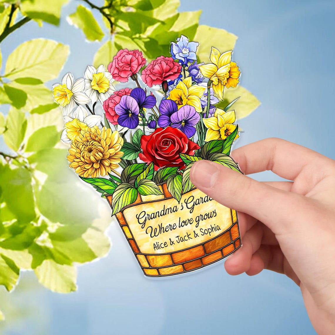 Family Acrylic Suncatcher, Personalized Birth Month Flower Faux Stained Glass,Grandma Garden Suncatcher,Christmas Gift,Grandma Gift,Mom Gift