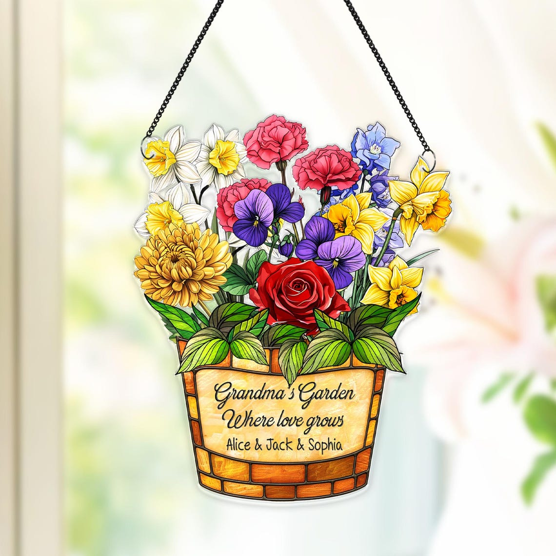 Family Acrylic Suncatcher, Personalized Birth Month Flower Faux Stained Glass,Grandma Garden Suncatcher,Christmas Gift,Grandma Gift,Mom Gift