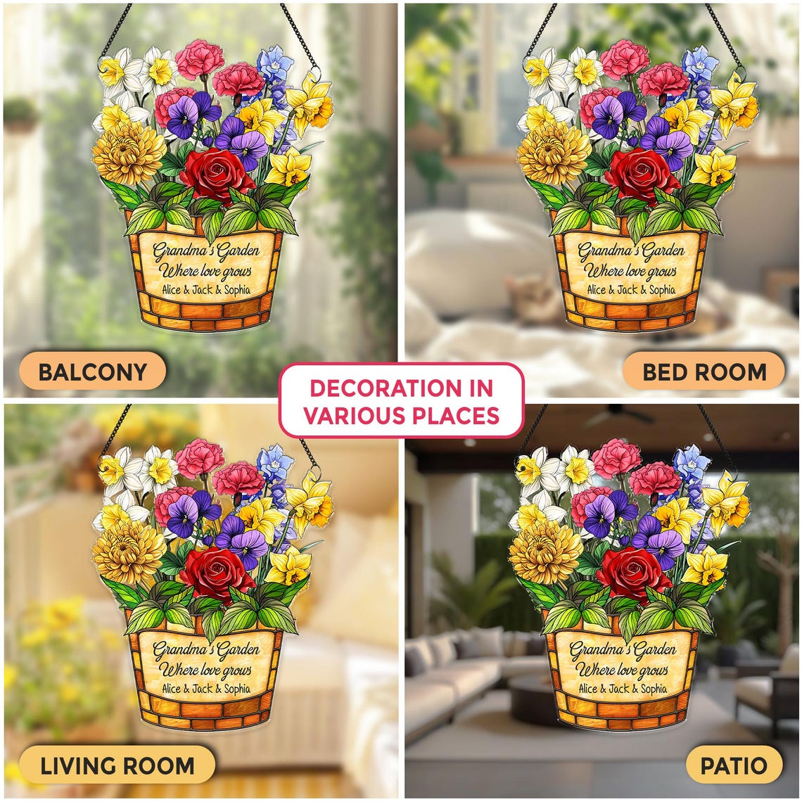 Family Acrylic Suncatcher, Personalized Birth Month Flower Faux Stained Glass,Grandma Garden Suncatcher,Christmas Gift,Grandma Gift,Mom Gift