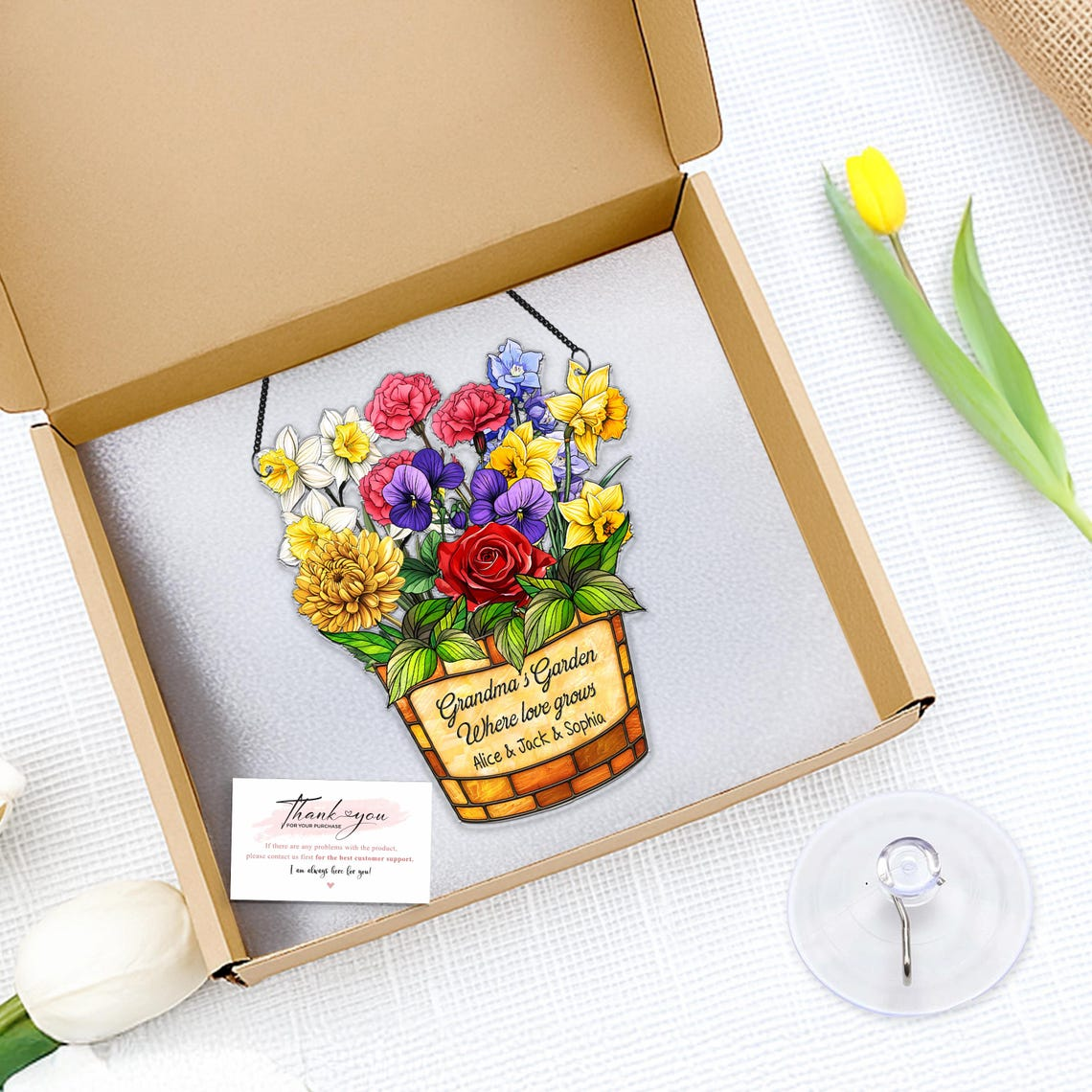 Family Acrylic Suncatcher, Personalized Birth Month Flower Faux Stained Glass,Grandma Garden Suncatcher,Christmas Gift,Grandma Gift,Mom Gift