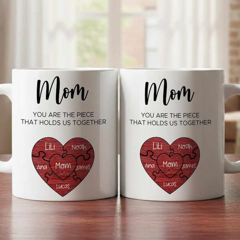 Puzzle Mom Mug – “You Are The Piece That Holds Us Together” Personalized Family Name Gift