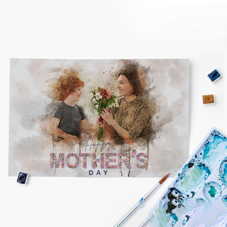 Customized Mother's Day Gift - Personalized Photo Illustration Canvas Print Grandma Watercolor Art Family Portrait Canvas Art Wall Art Name