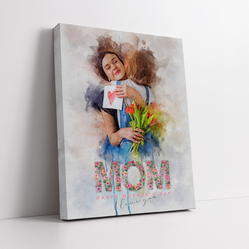 Customized Mother's Day Gift - Personalized Photo Illustration Canvas Print Grandma Watercolor Art Family Portrait Canvas Art Wall Art Name