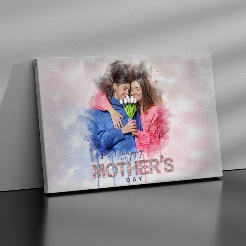 Customized Mother's Day Gift - Personalized Photo Illustration Canvas Print Grandma Watercolor Art Family Portrait Canvas Art Wall Art Name