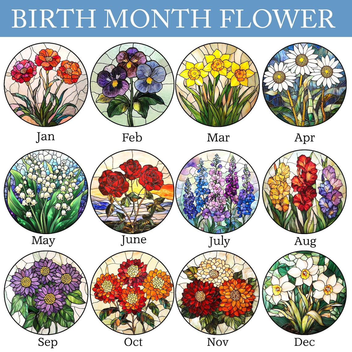 Birth Month Flower STAINED GLASS Suncatcher Window Hanging, Birth Flower Memorial Gift, Mothers Day Gift For Mom, Mothers Day Gift For Mom