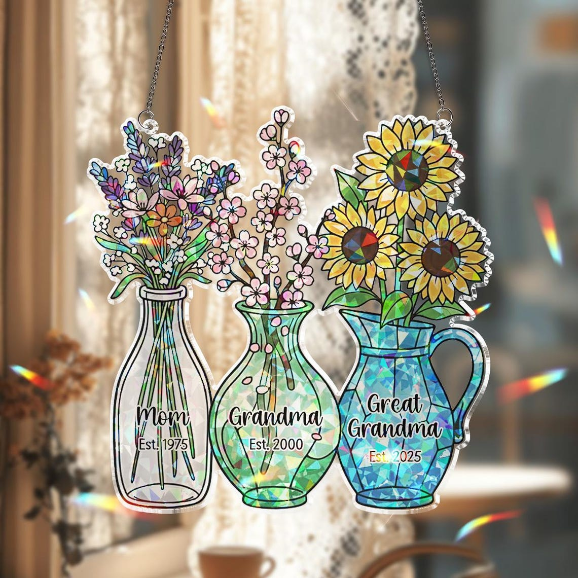 Personalized Mom Grandma Great-Grandma Flower Suncatcher, Floral Jar Hologram Ornament, Grandma's Gifty, Mother's Day Gift