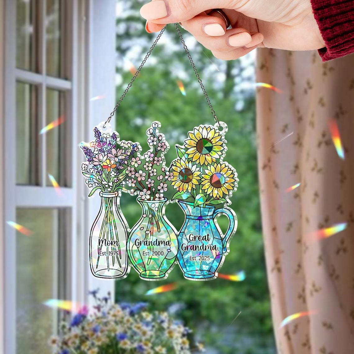 Personalized Mom Grandma Great-Grandma Flower Suncatcher, Floral Jar Hologram Ornament, Grandma's Gifty, Mother's Day Gift