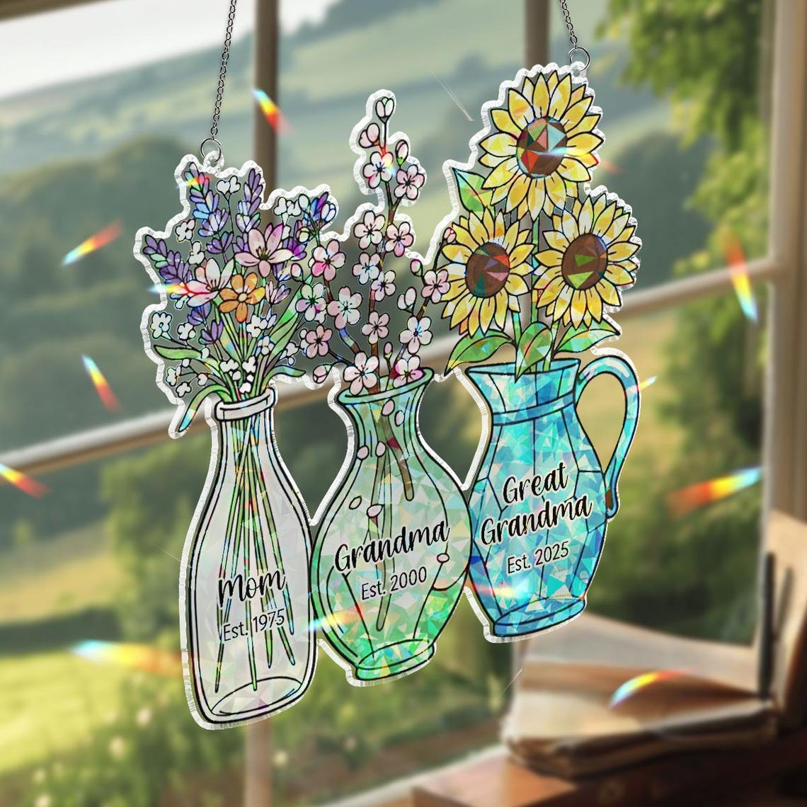 Personalized Mom Grandma Great-Grandma Flower Suncatcher, Floral Jar Hologram Ornament, Grandma's Gifty, Mother's Day Gift
