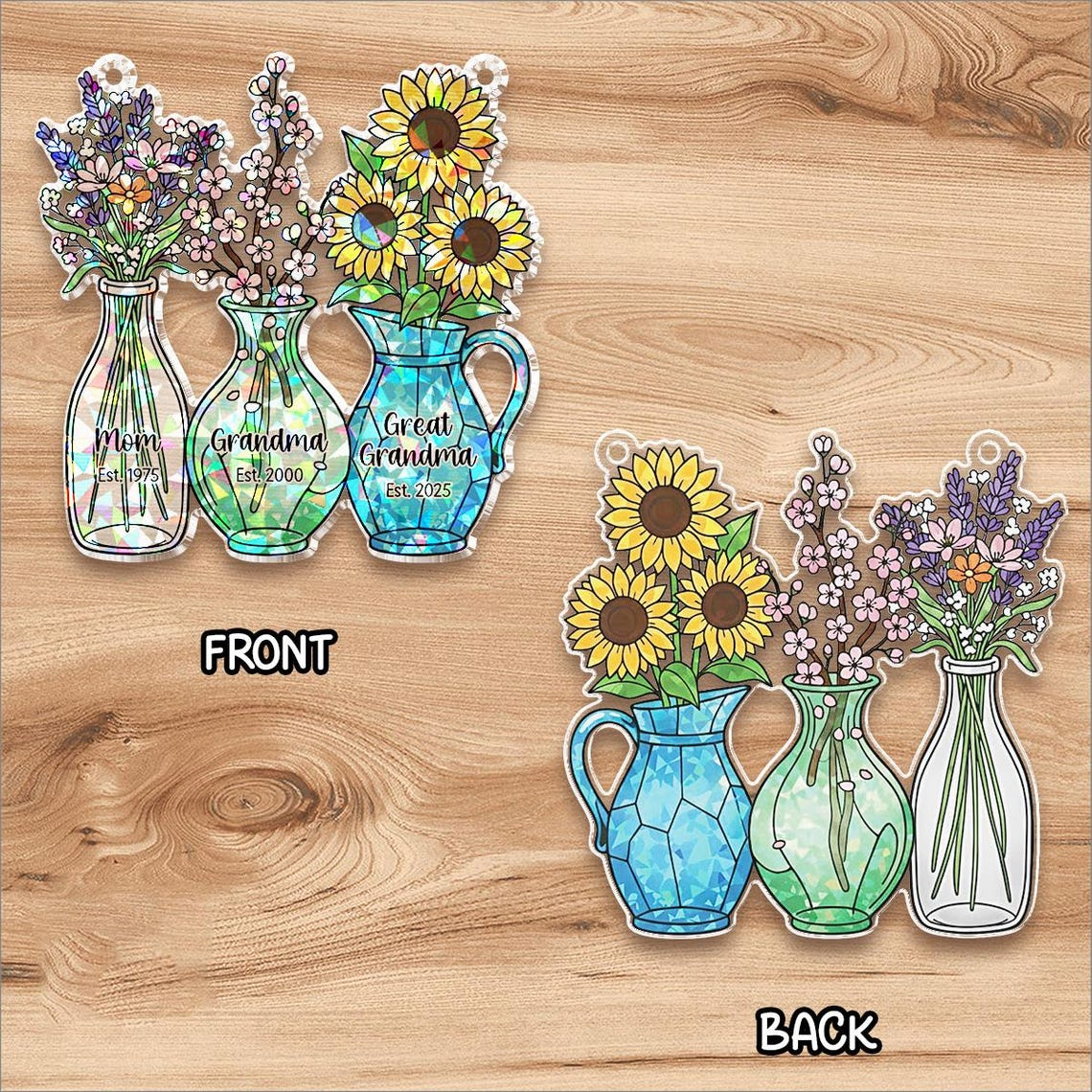 Personalized Mom Grandma Great-Grandma Flower Suncatcher, Floral Jar Hologram Ornament, Grandma's Gifty, Mother's Day Gift