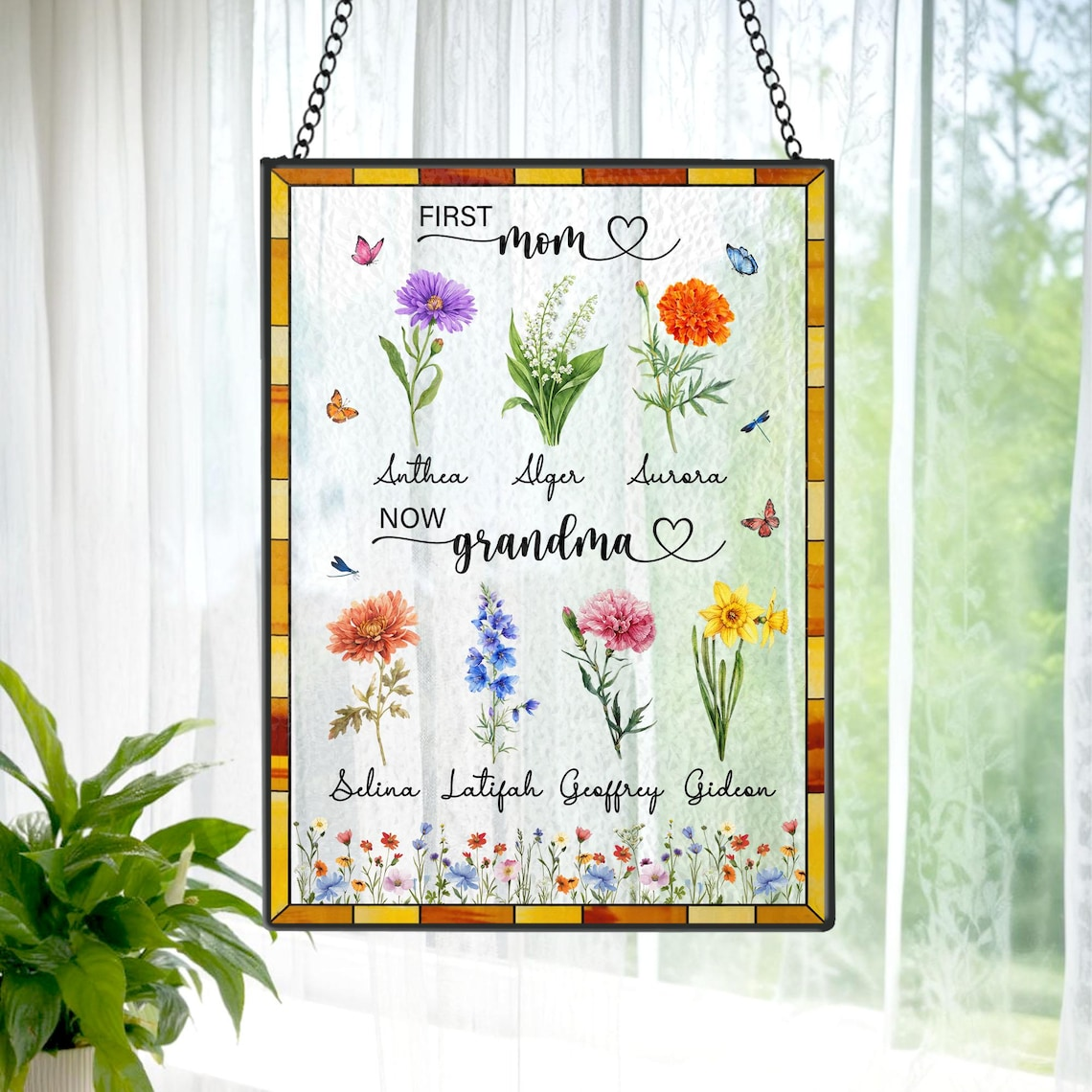 Custom Birth Flower Stained Glass Suncatcher, Personalized First Mom Now Grandma Glass Art Gift for Mom Grandma,Home Decor,Mother's Day Gift