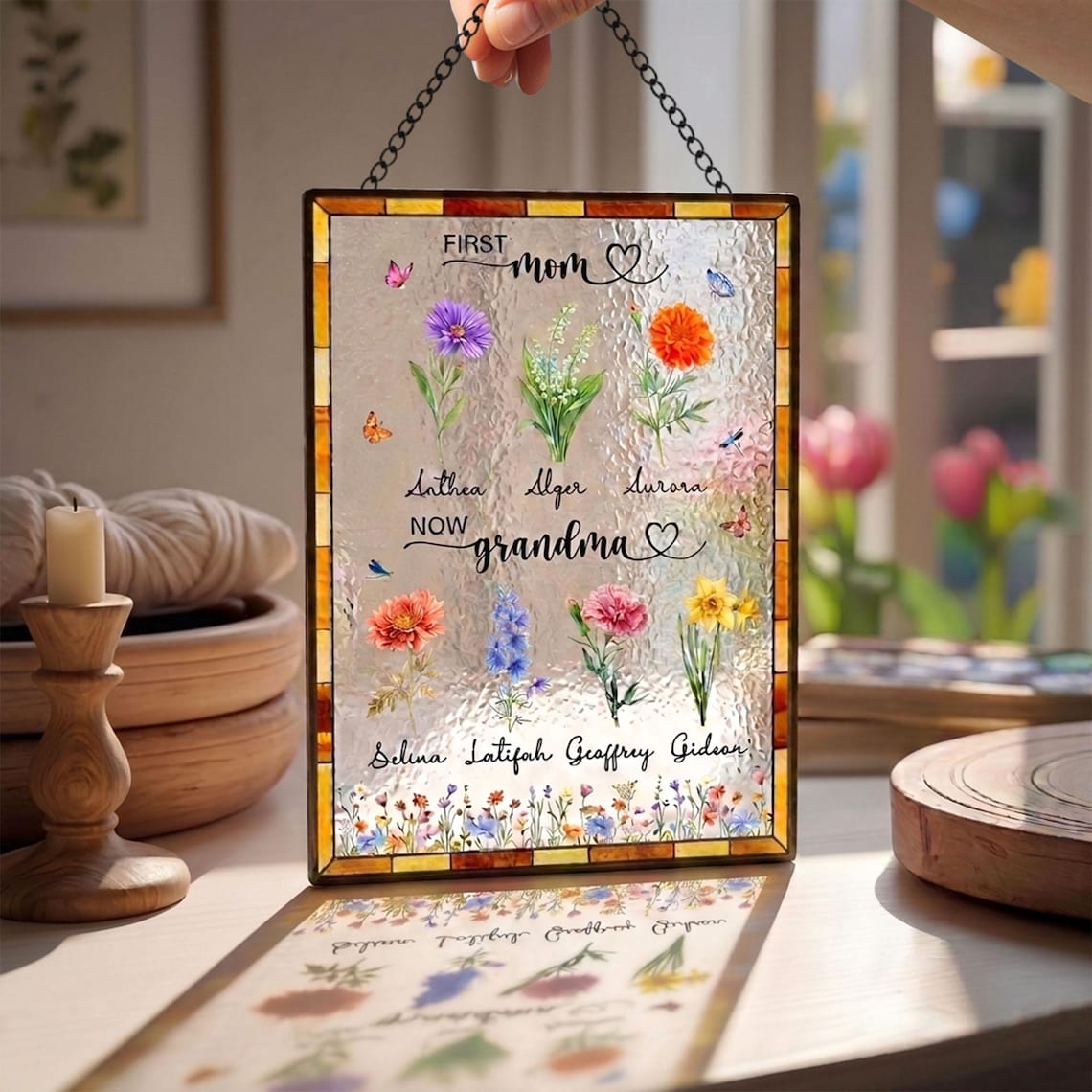 Custom Birth Flower Stained Glass Suncatcher, Personalized First Mom Now Grandma Glass Art Gift for Mom Grandma,Home Decor,Mother's Day Gift