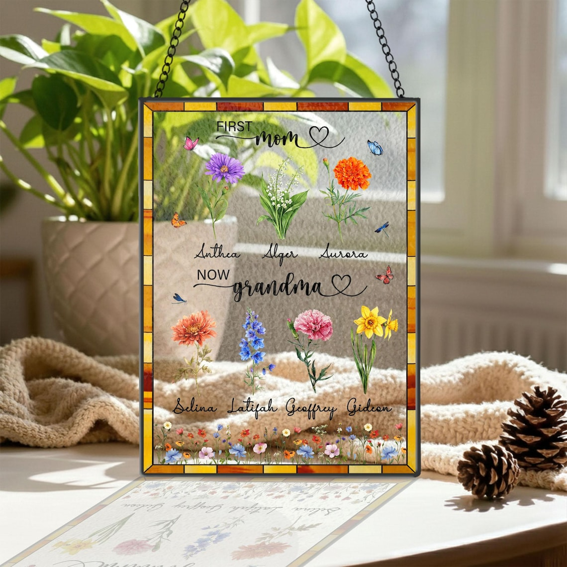 Custom Birth Flower Stained Glass Suncatcher, Personalized First Mom Now Grandma Glass Art Gift for Mom Grandma,Home Decor,Mother's Day Gift
