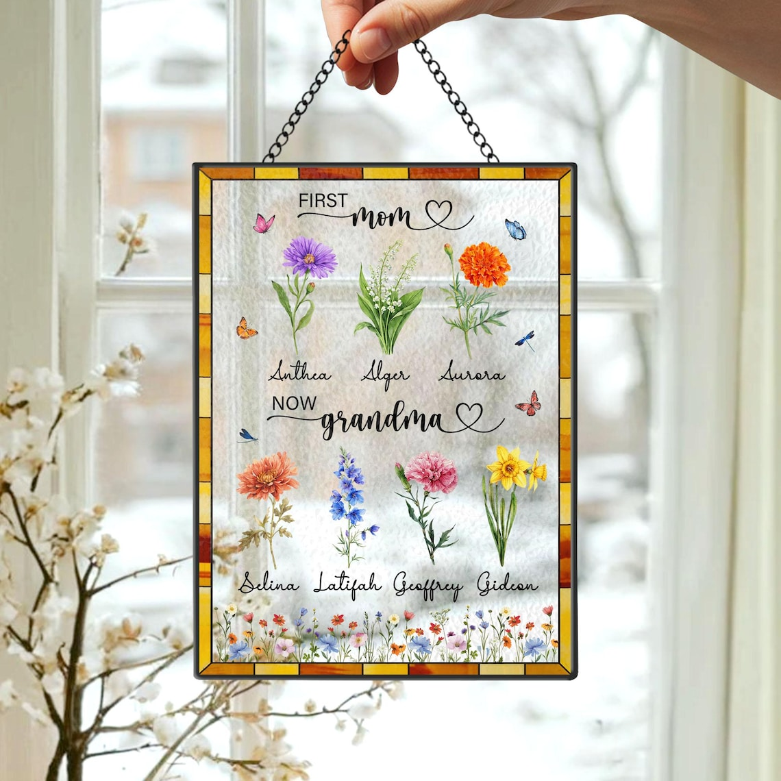 Custom Birth Flower Stained Glass Suncatcher, Personalized First Mom Now Grandma Glass Art Gift for Mom Grandma,Home Decor,Mother's Day Gift
