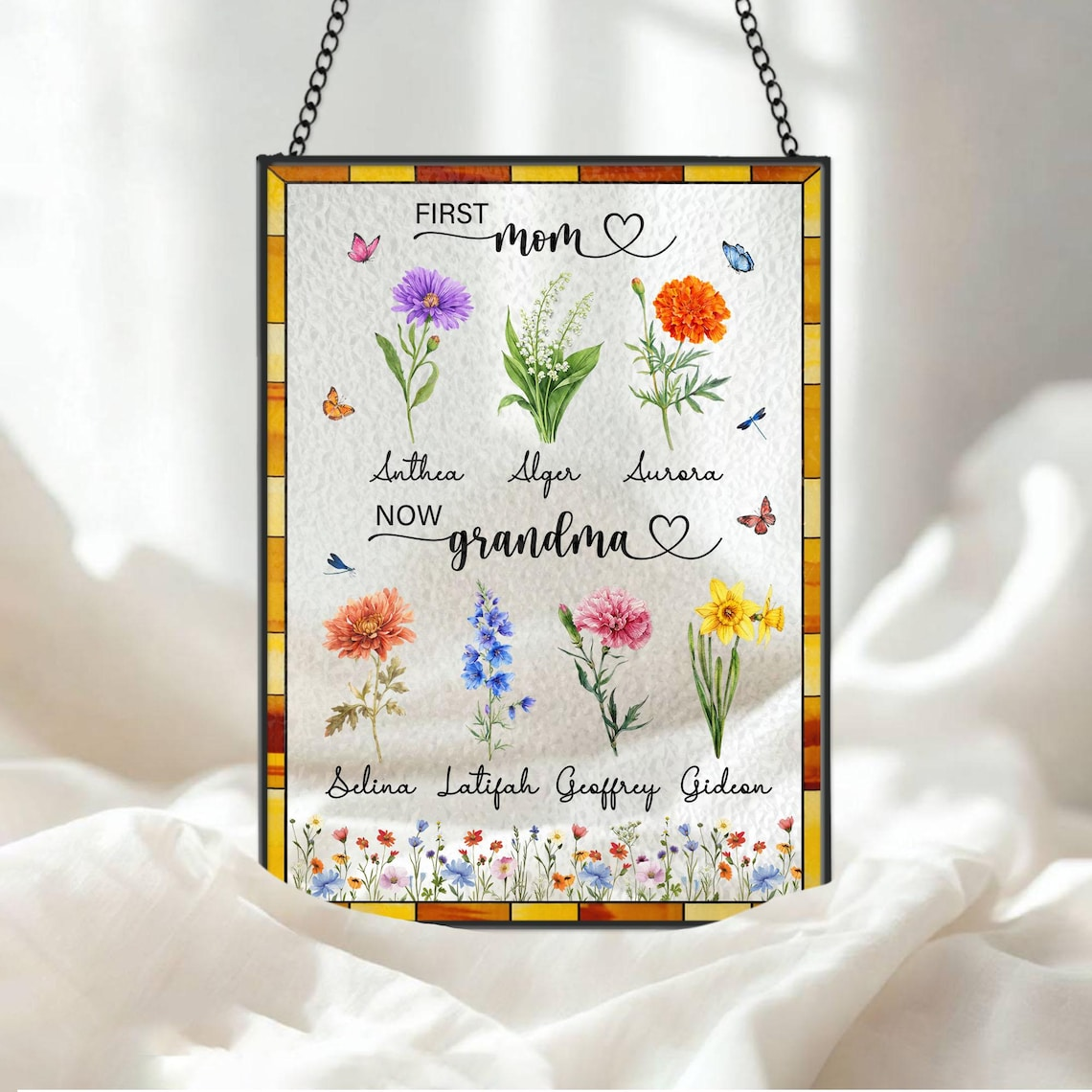 Custom Birth Flower Stained Glass Suncatcher, Personalized First Mom Now Grandma Glass Art Gift for Mom Grandma,Home Decor,Mother's Day Gift