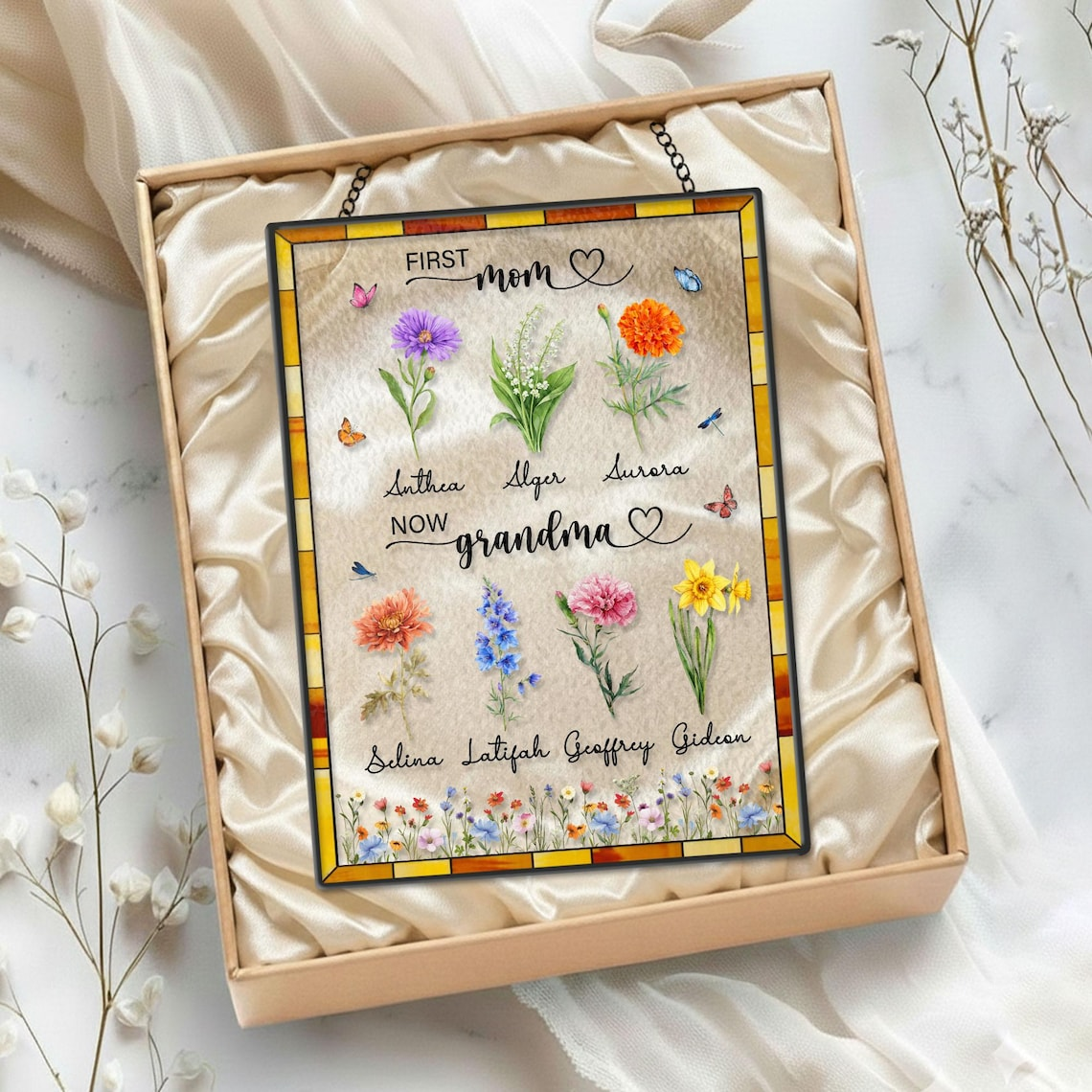 Custom Birth Flower Stained Glass Suncatcher, Personalized First Mom Now Grandma Glass Art Gift for Mom Grandma,Home Decor,Mother's Day Gift