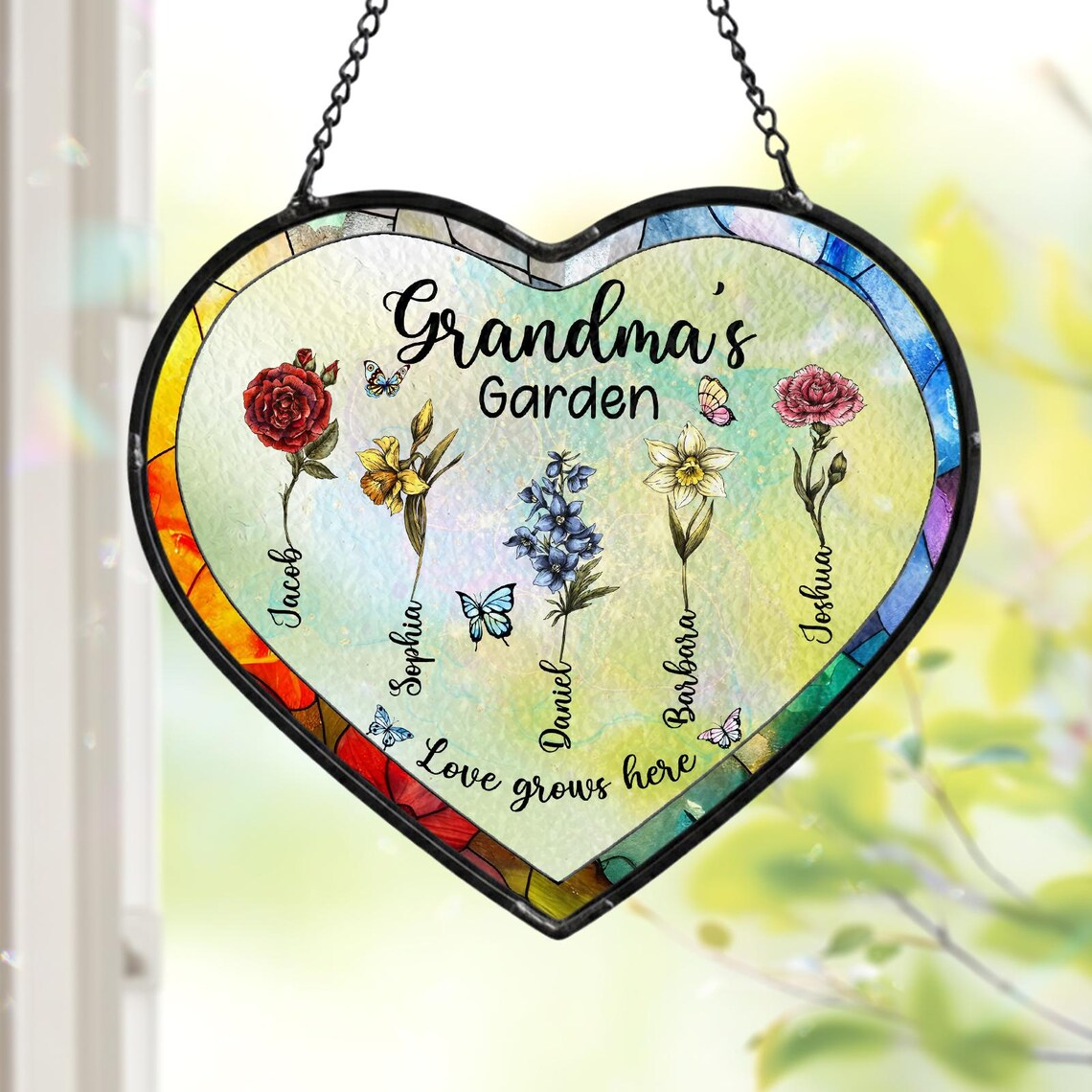 Personalized Grandma's Garden, Stained Glass Suncatcher, Mother Day Gift Nana Birth Month Flower, Gigi Nini Great-grandma gift, Gift for Mom