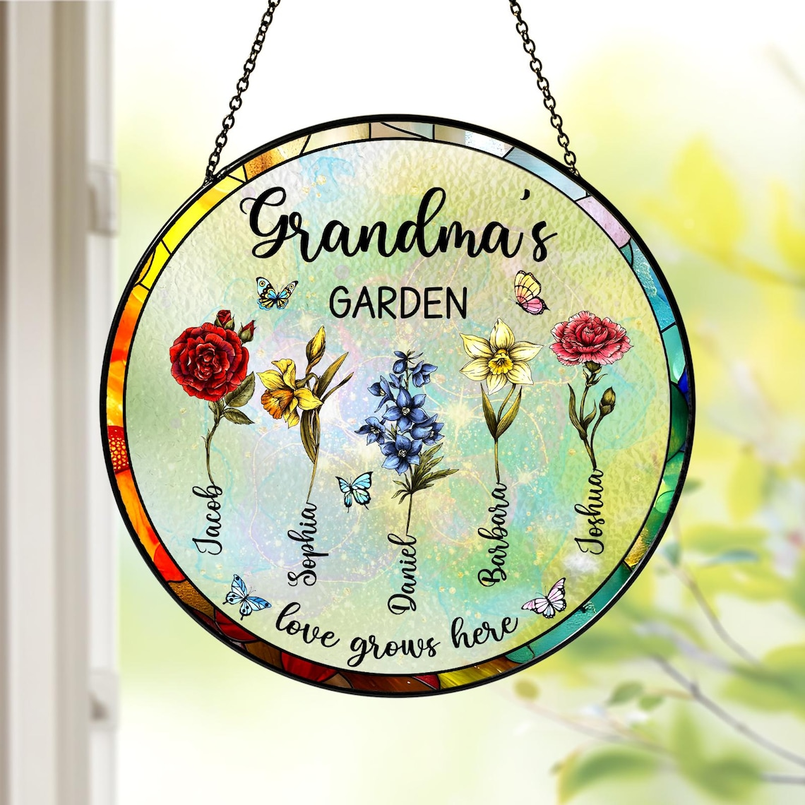 Personalized Grandma's Garden, Stained Glass Suncatcher, Mother Day Gift Nana Birth Month Flower, Gigi Nini Great-grandma gift, Gift for Mom