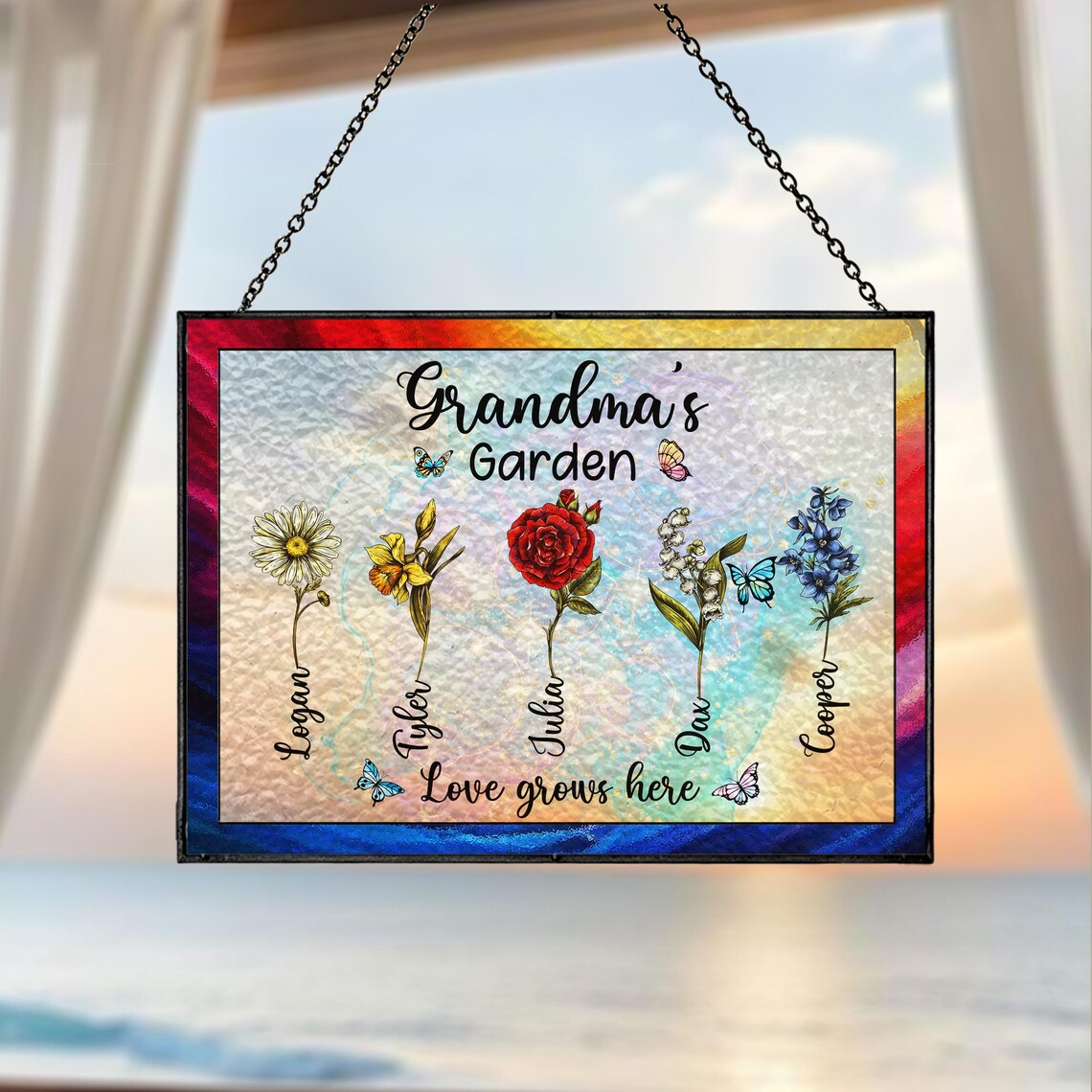 Personalized Grandma's Garden, Stained Glass Suncatcher, Mother Day Gift Nana Birth Month Flower, Gigi Nini Great-grandma gift, Gift for Mom