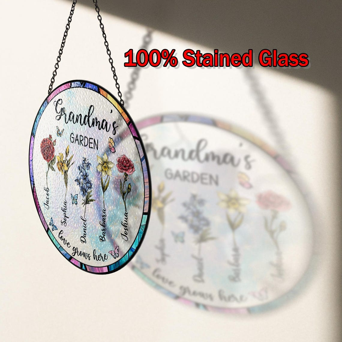Personalized Grandma's Garden, Stained Glass Suncatcher, Mother Day Gift Nana Birth Month Flower, Gigi Nini Great-grandma gift, Gift for Mom
