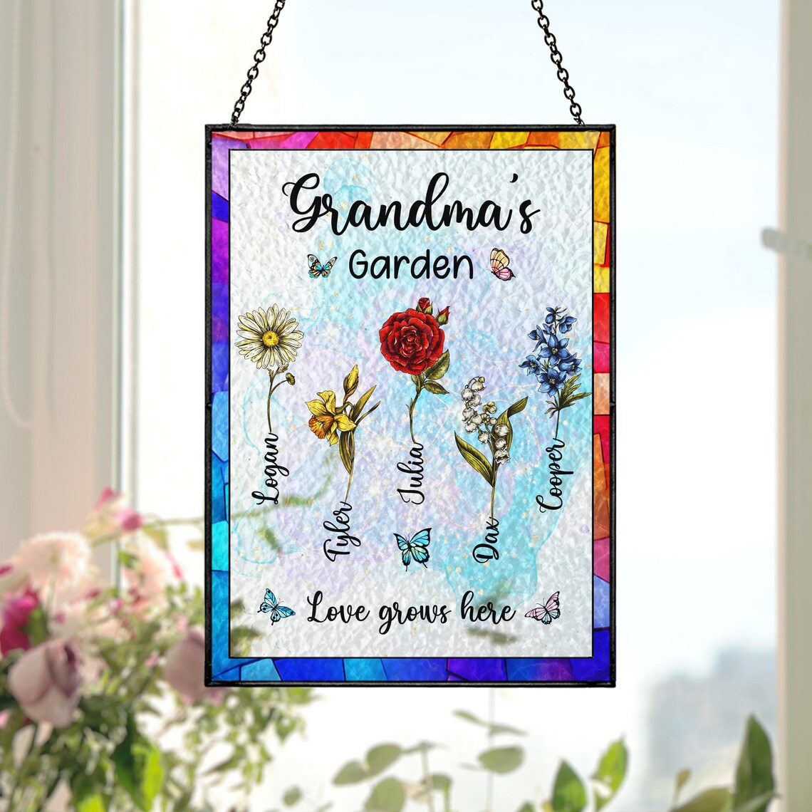 Personalized Grandma's Garden, Stained Glass Suncatcher, Mother Day Gift Nana Birth Month Flower, Gigi Nini Great-grandma gift, Gift for Mom