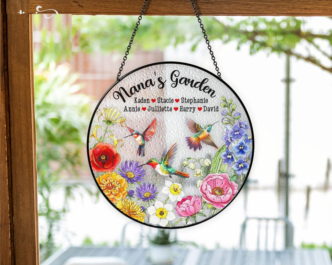 Personalized Family Birth Flower Stained Glass Suncatcher, Hummingbird Window Hanging, Mother Day Gift, Gift for Mom, Grandma Home Decor