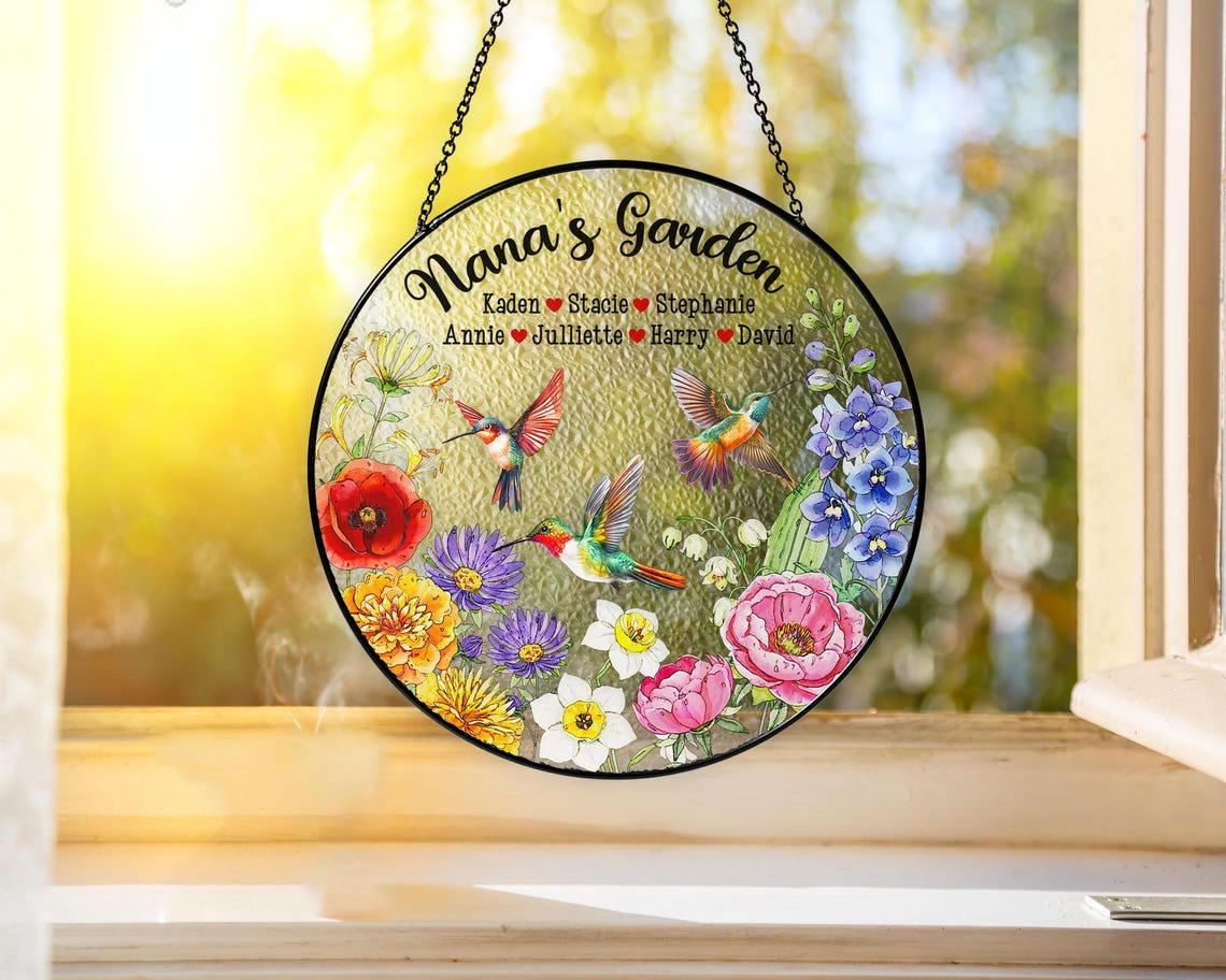 Personalized Family Birth Flower Stained Glass Suncatcher, Hummingbird Window Hanging, Mother Day Gift, Gift for Mom, Grandma Home Decor