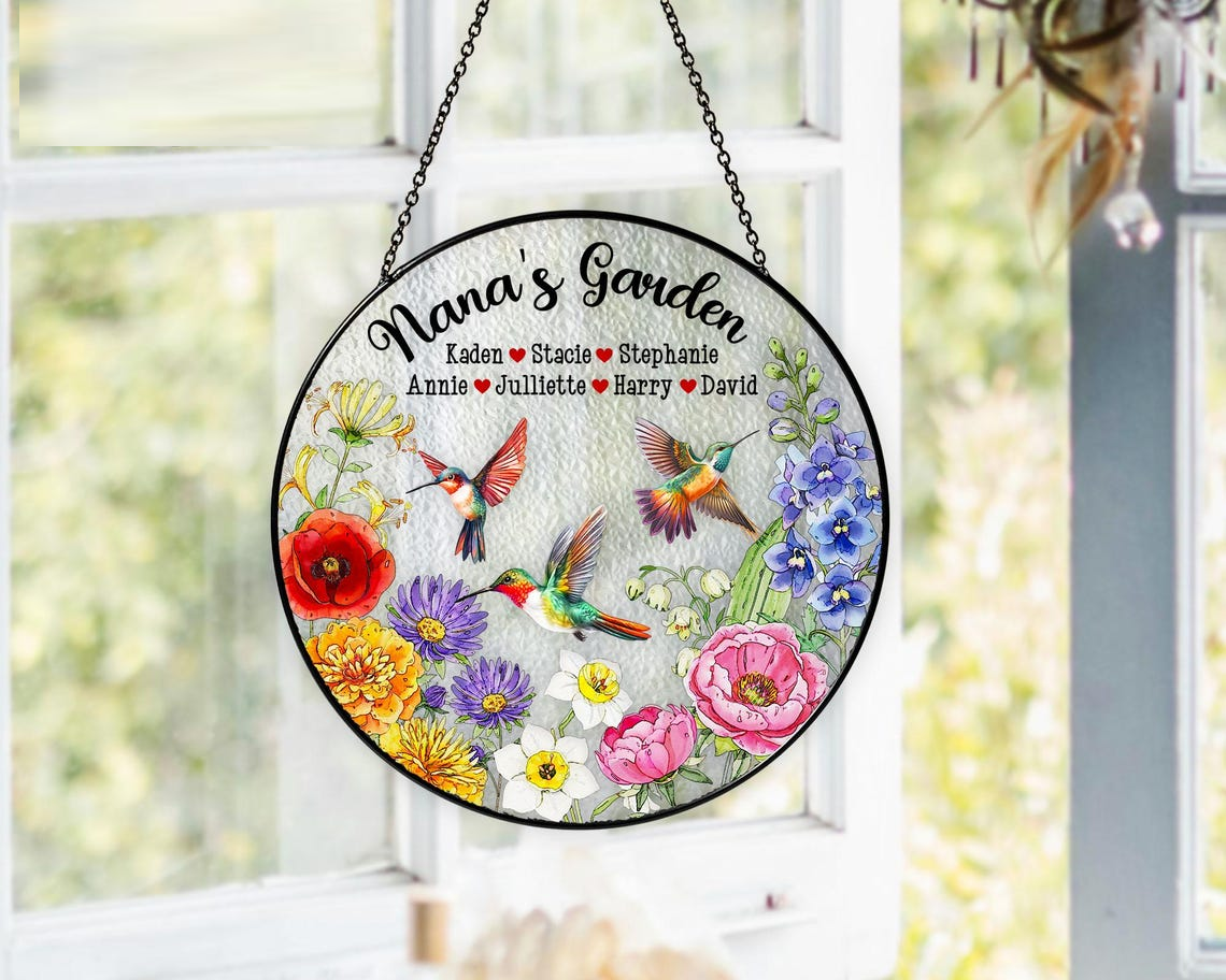 Personalized Family Birth Flower Stained Glass Suncatcher, Hummingbird Window Hanging, Mother Day Gift, Gift for Mom, Grandma Home Decor