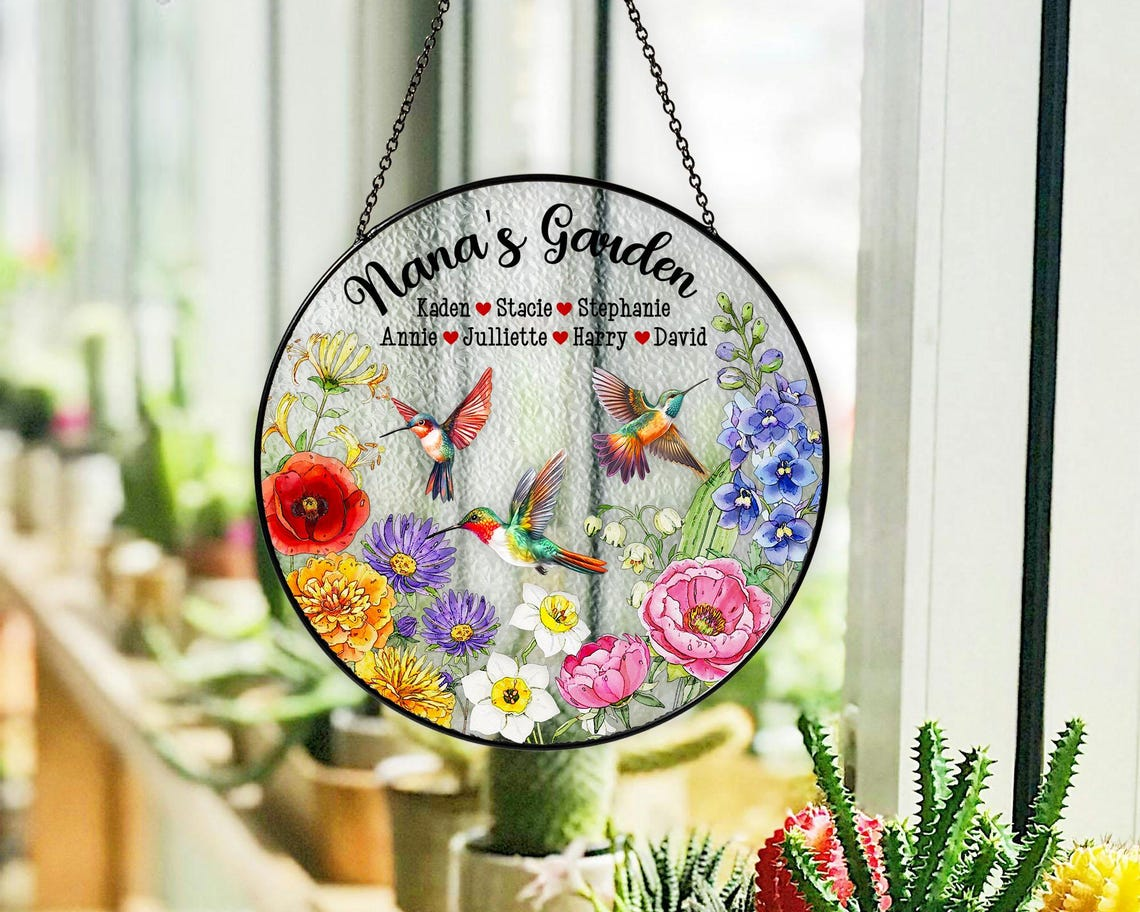 Personalized Family Birth Flower Stained Glass Suncatcher, Hummingbird Window Hanging, Mother Day Gift, Gift for Mom, Grandma Home Decor