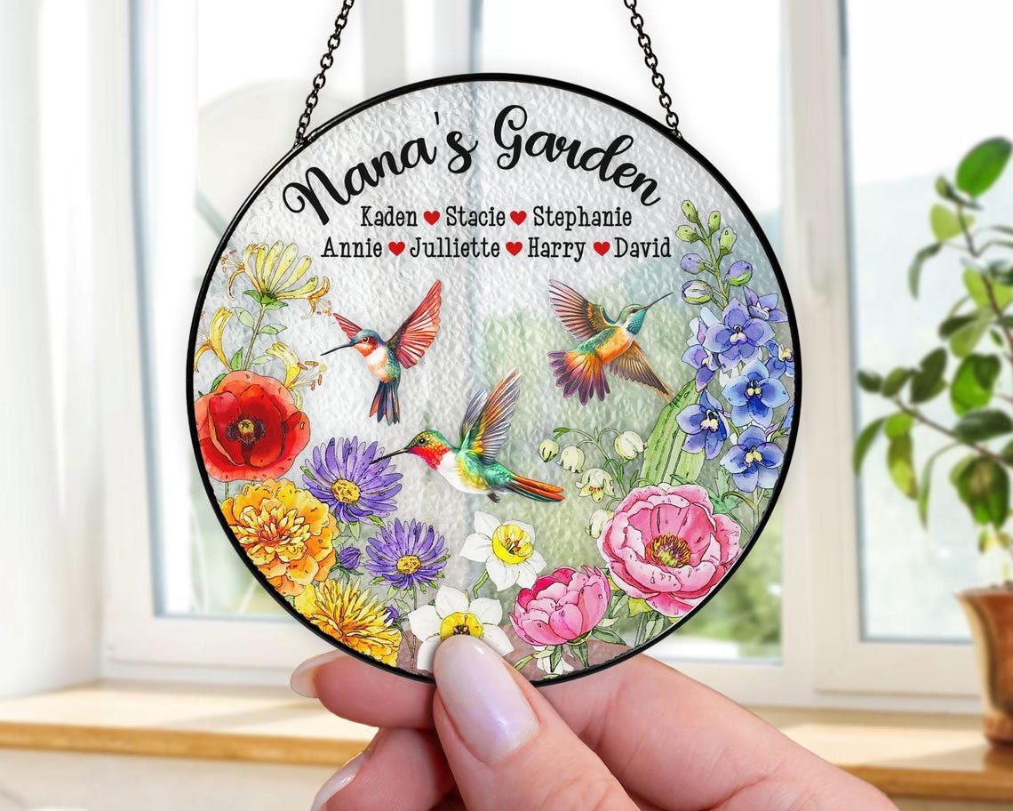 Personalized Family Birth Flower Stained Glass Suncatcher, Hummingbird Window Hanging, Mother Day Gift, Gift for Mom, Grandma Home Decor