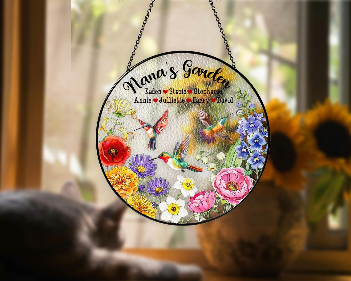 Personalized Family Birth Flower Stained Glass Suncatcher, Hummingbird Window Hanging, Mother Day Gift, Gift for Mom, Grandma Home Decor