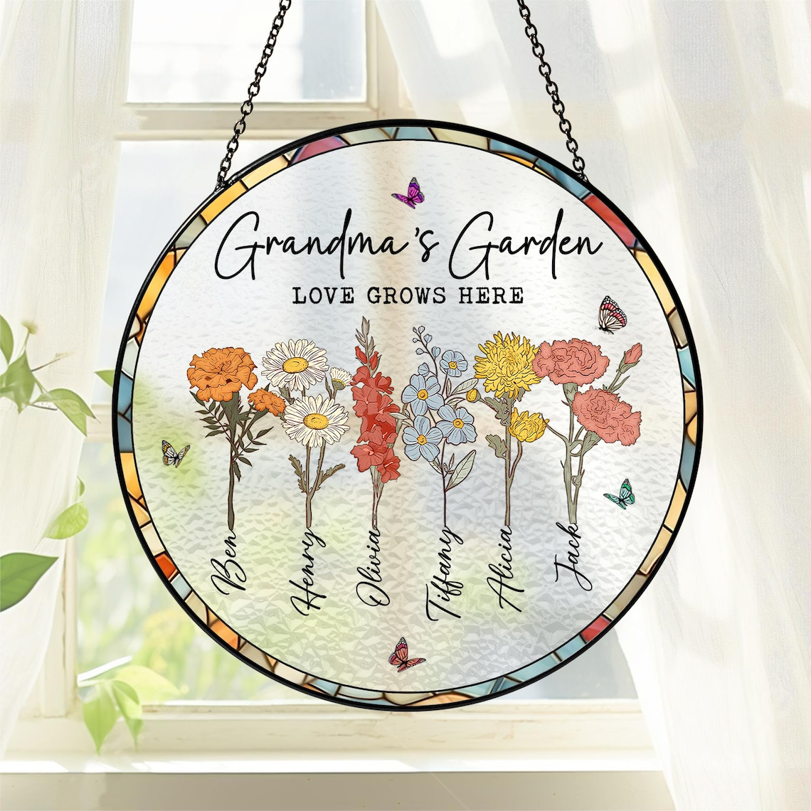 Grandma Suncatcher, Grandma Gifts, Personalized Birth Flower Stained Glass Suncatcher, Mother's Day Gift, Grandma's Garden Suncatcher