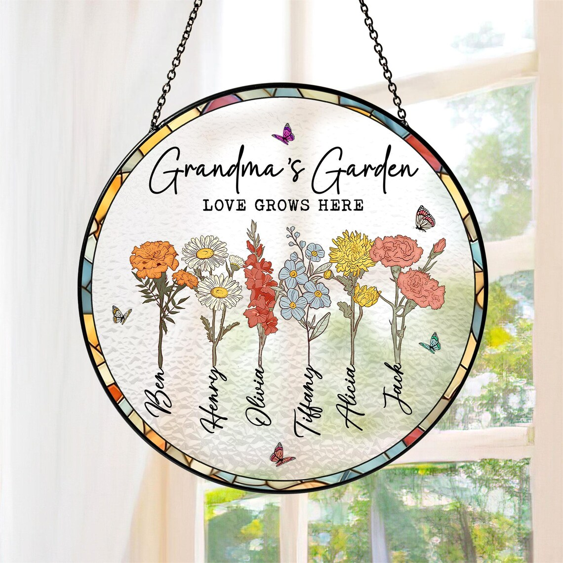Grandma Suncatcher, Grandma Gifts, Personalized Birth Flower Stained Glass Suncatcher, Mother's Day Gift, Grandma's Garden Suncatcher