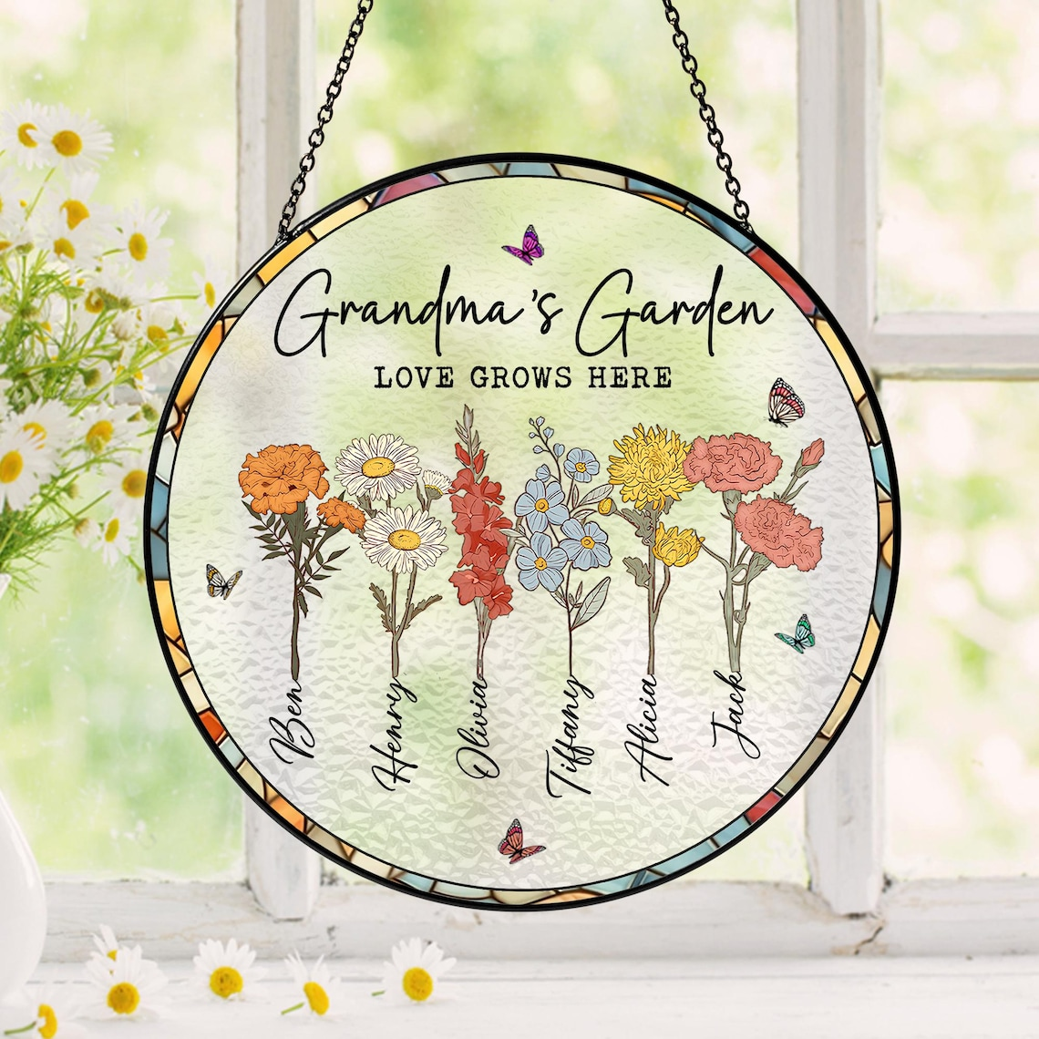 Grandma Suncatcher, Grandma Gifts, Personalized Birth Flower Stained Glass Suncatcher, Mother's Day Gift, Grandma's Garden Suncatcher