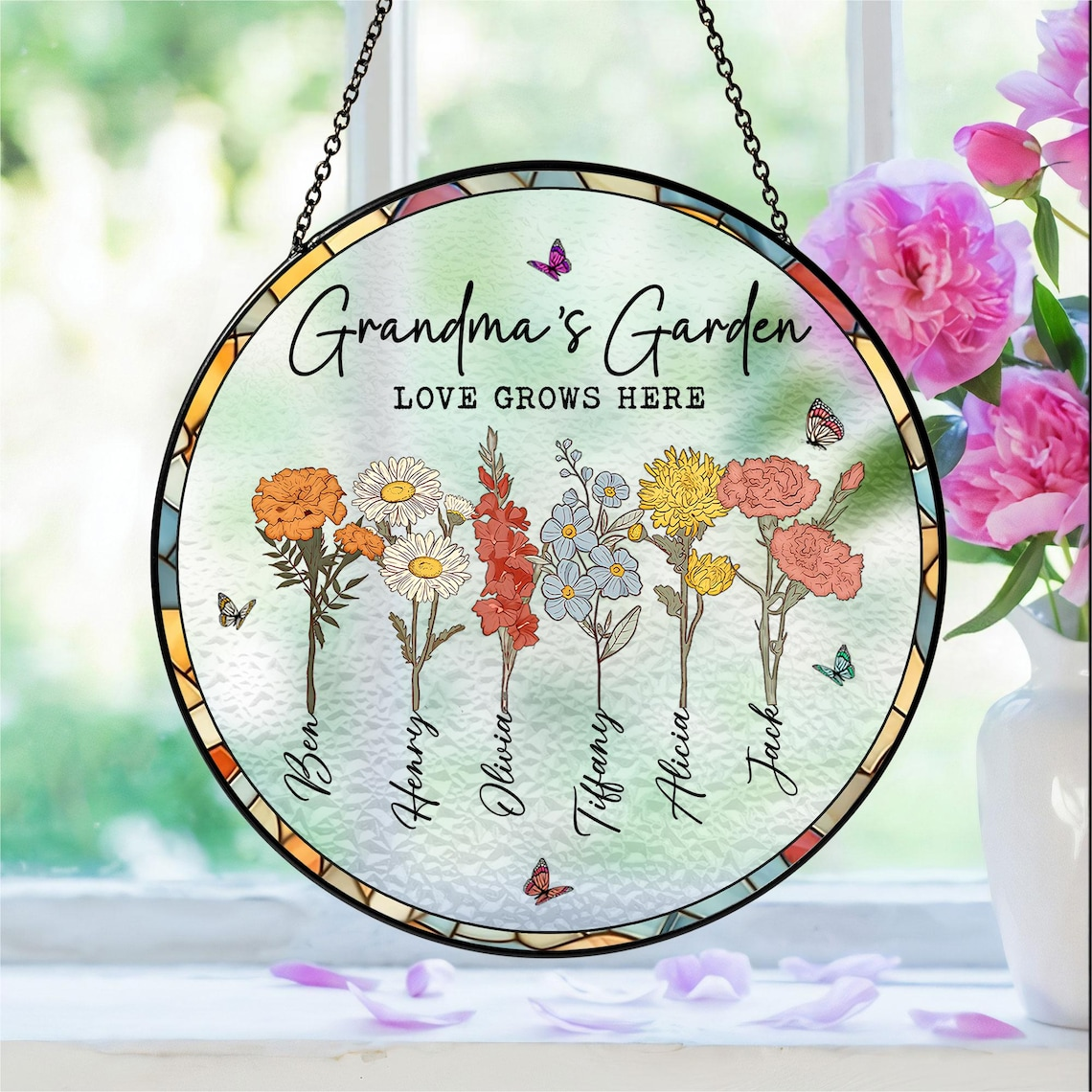 Grandma Suncatcher, Grandma Gifts, Personalized Birth Flower Stained Glass Suncatcher, Mother's Day Gift, Grandma's Garden Suncatcher