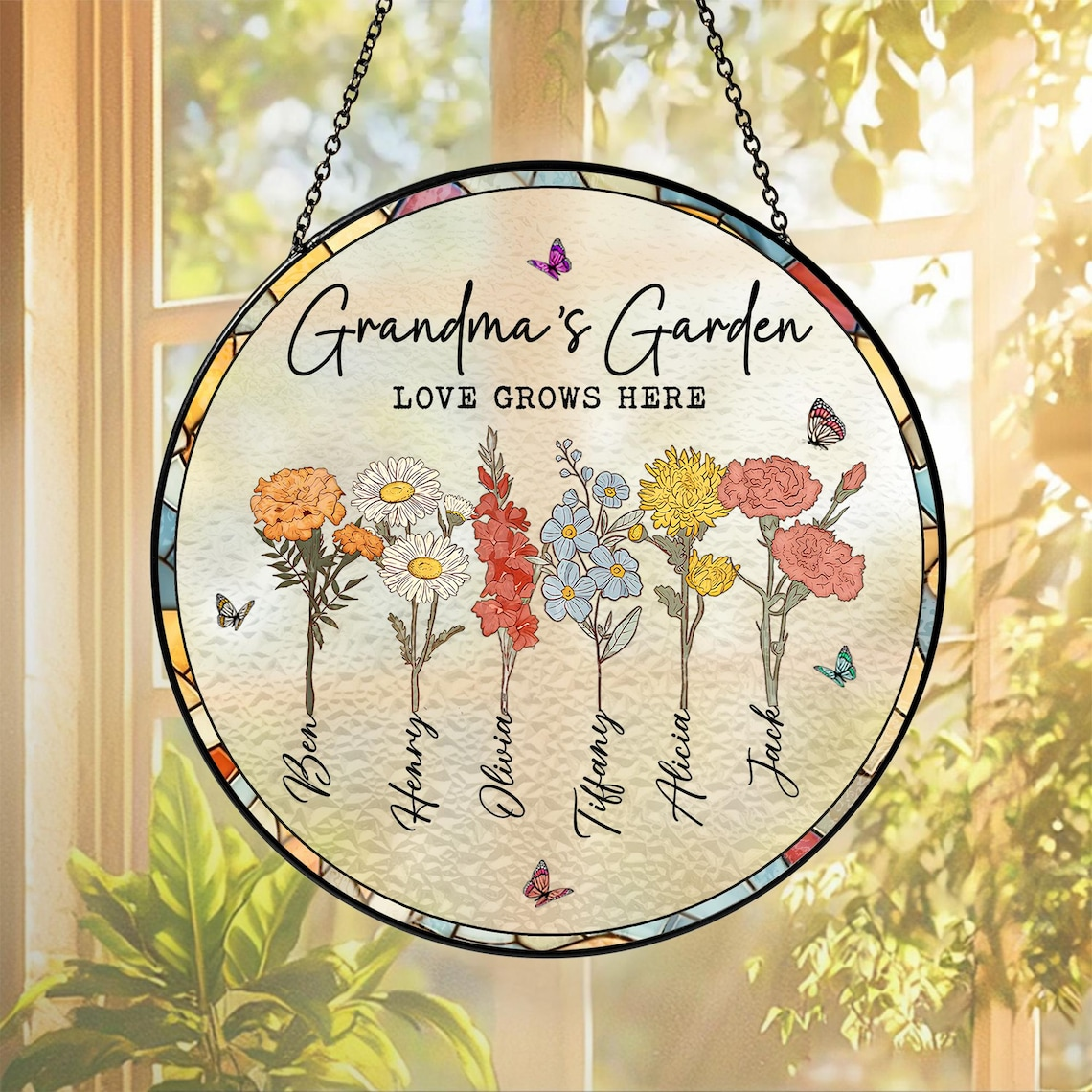 Grandma Suncatcher, Grandma Gifts, Personalized Birth Flower Stained Glass Suncatcher, Mother's Day Gift, Grandma's Garden Suncatcher