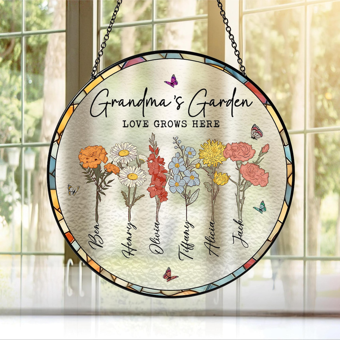 Grandma Suncatcher, Grandma Gifts, Personalized Birth Flower Stained Glass Suncatcher, Mother's Day Gift, Grandma's Garden Suncatcher