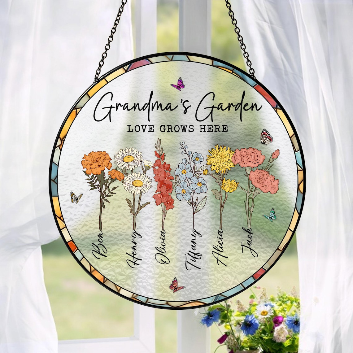 Grandma Suncatcher, Grandma Gifts, Personalized Birth Flower Stained Glass Suncatcher, Mother's Day Gift, Grandma's Garden Suncatcher