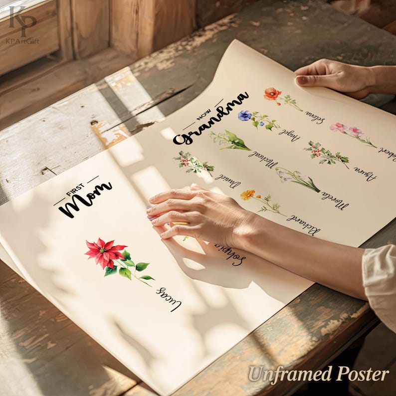 Custom Mom to Grandma Birth Flower Canvas, Personalized Family Name Floral, Mother’s Day Gift for Mom Grandma, Family Name Sign