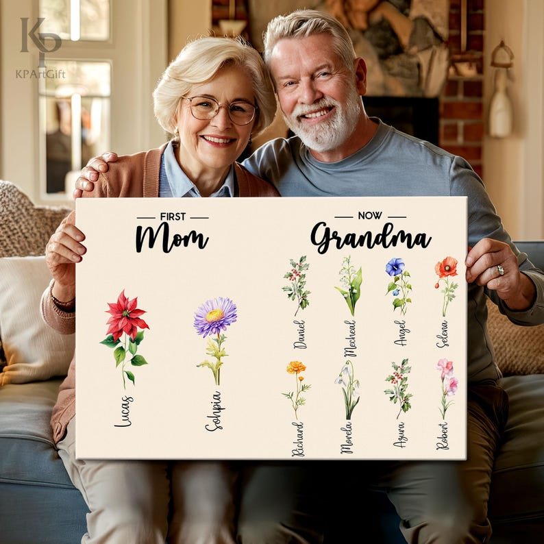 Custom Mom to Grandma Birth Flower Canvas, Personalized Family Name Floral, Mother’s Day Gift for Mom Grandma, Family Name Sign