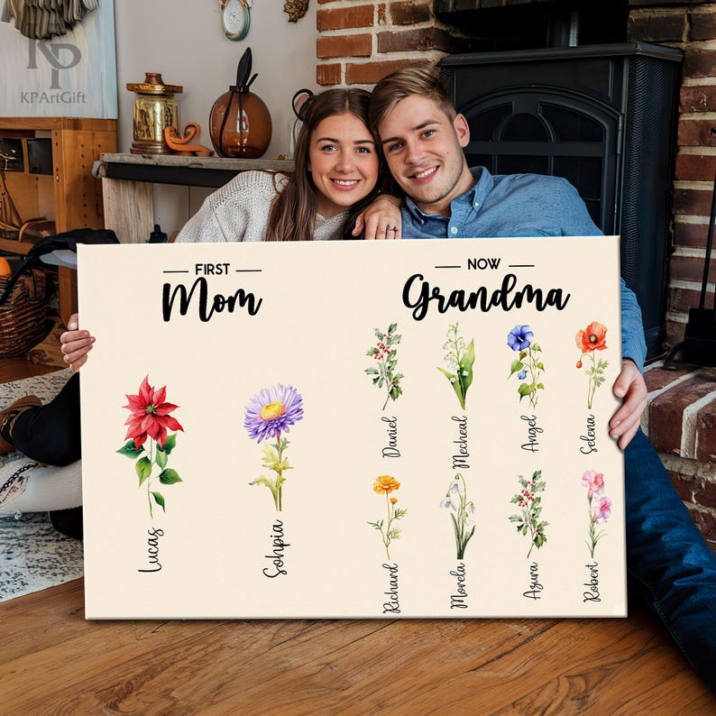 Custom Mom to Grandma Birth Flower Canvas, Personalized Family Name Floral, Mother’s Day Gift for Mom Grandma, Family Name Sign