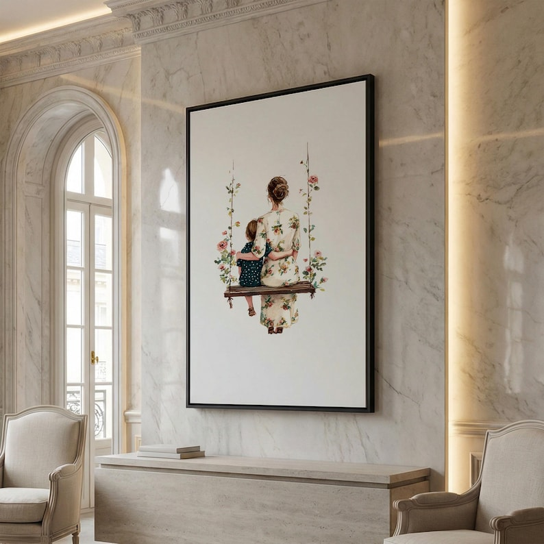 Vintage Botanical Swing Portrait, Framed Canvas Print, Personalized Mothers Day Unique Gift For Mom, Mothers Day Sign, Gift For Mom