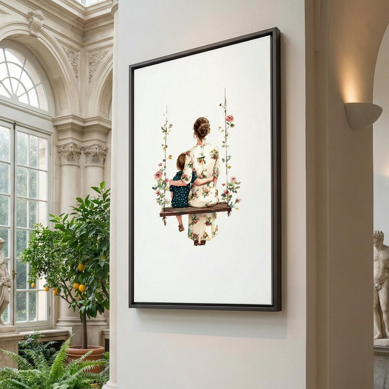 Vintage Botanical Swing Portrait, Framed Canvas Print, Personalized Mothers Day Unique Gift For Mom, Mothers Day Sign, Gift For Mom