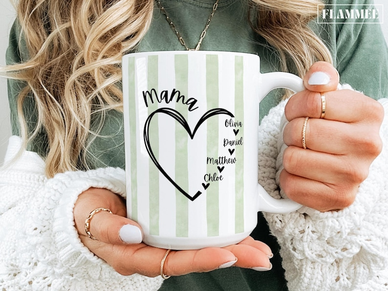 Personalized Mom Heart Mug with Kids Names – Custom Mama Gift for Mother’s Day or Birthday