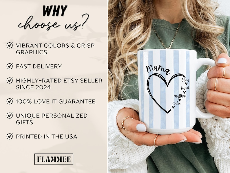 Personalized Mom Heart Mug with Kids Names – Custom Mama Gift for Mother’s Day or Birthday